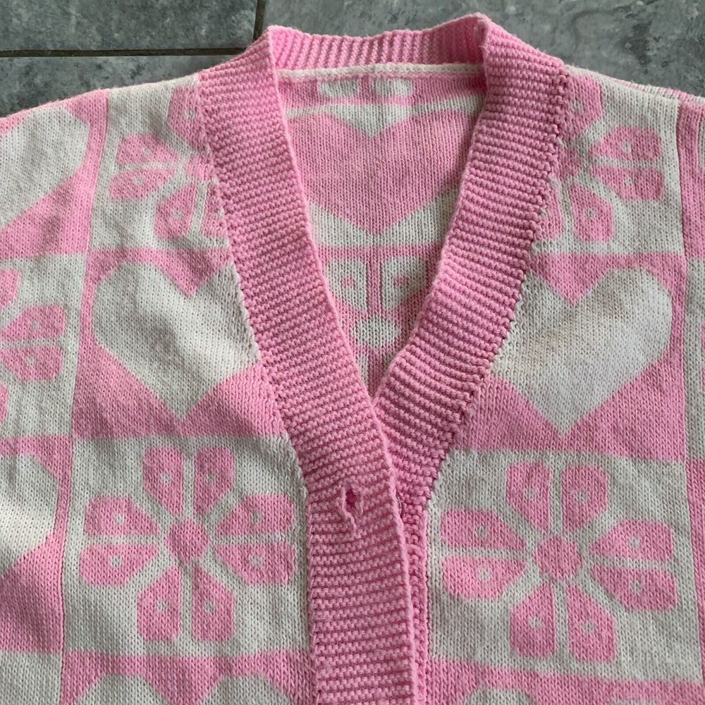 Pink White Block Heart Flower Vintage Cardigan Block Pattern Chest 44 - Picture 4 of 9